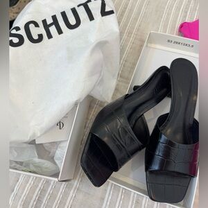 SCHUTZ Black Croc-Embossed Slide Mules